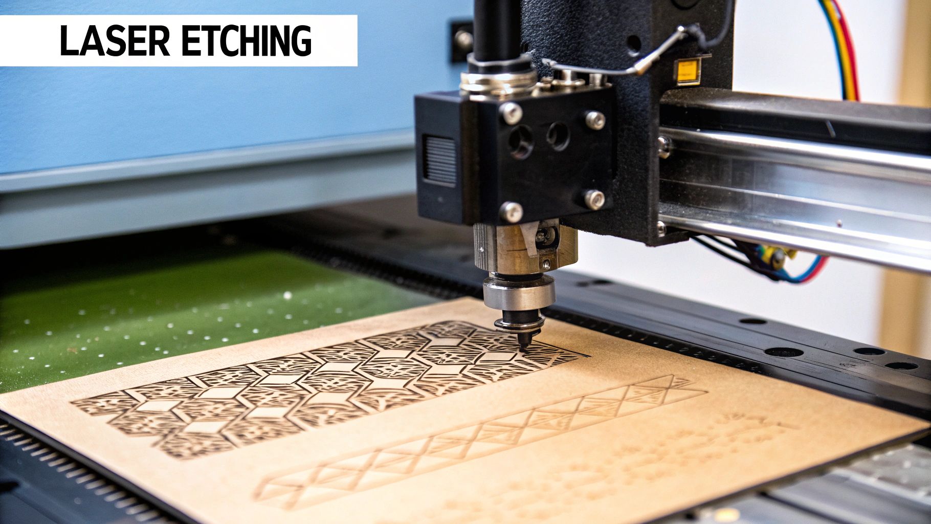 Laser etching machine in action, engraving intricate designs on wood, showcasing precision and quality marking technology in Adelaide.