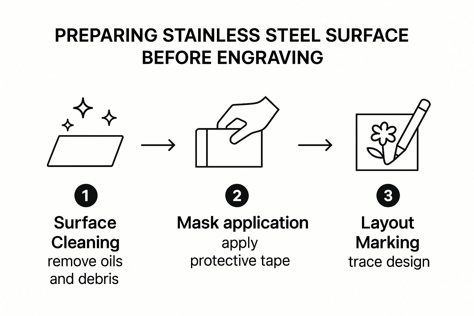 Preparing stainless steel surface before engraving: steps include surface cleaning to remove oils and debris, mask application with protective tape, and layout marking for design tracing.