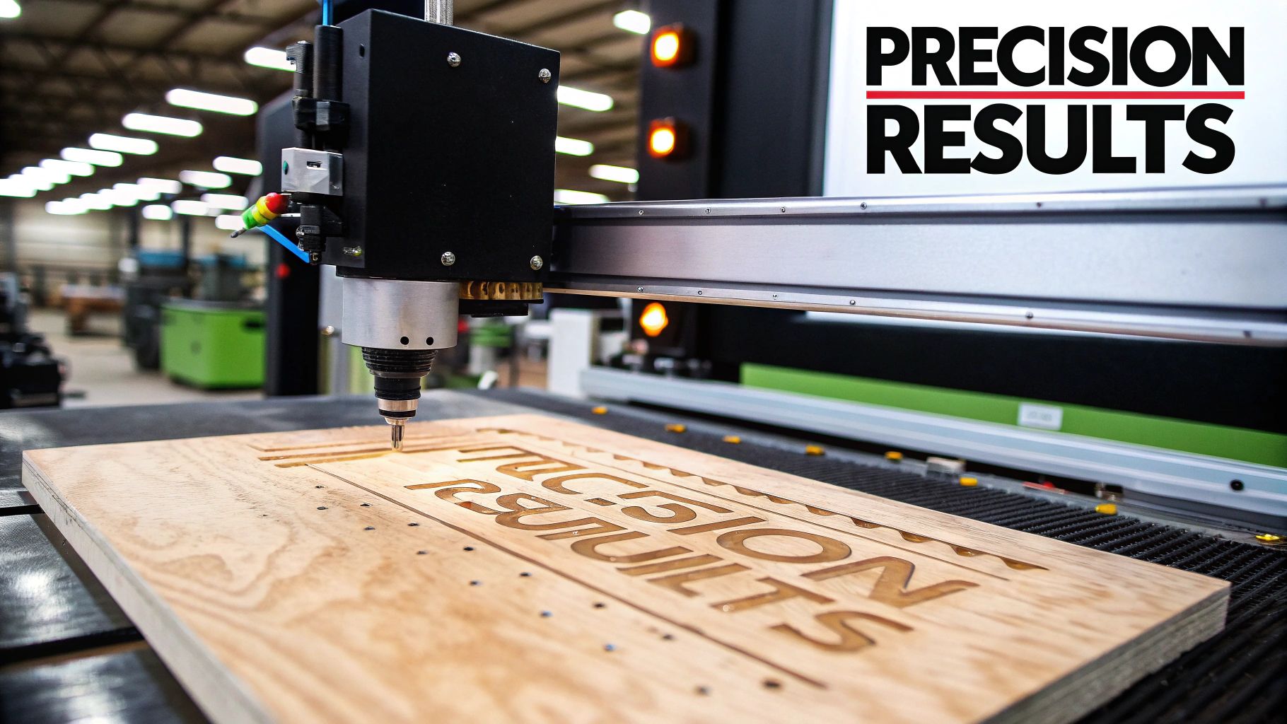 Laser engraving machine in action, etching "PRECISION RESULTS" into a wooden surface, showcasing advanced technology and precision engraving capabilities at Evright in Adelaide.