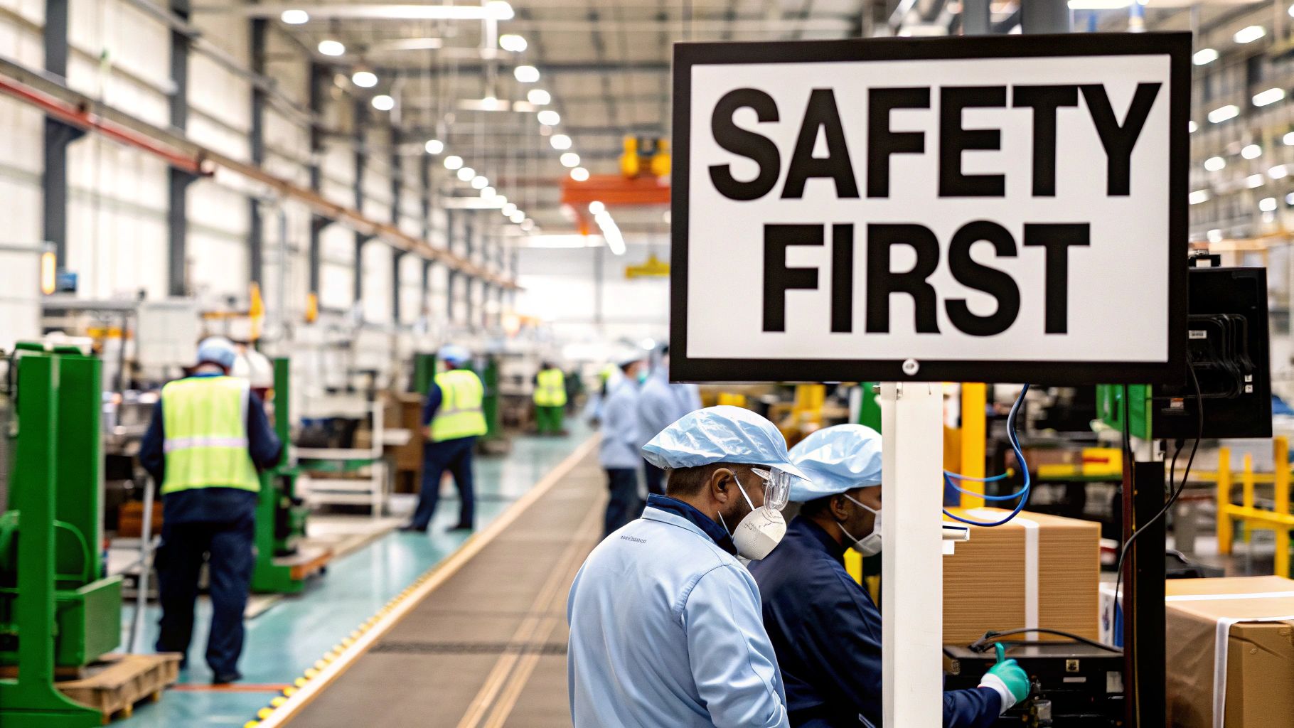 A prominent 'SAFETY FIRST' sign overlooks workers in protective gear on a clean factory floor.