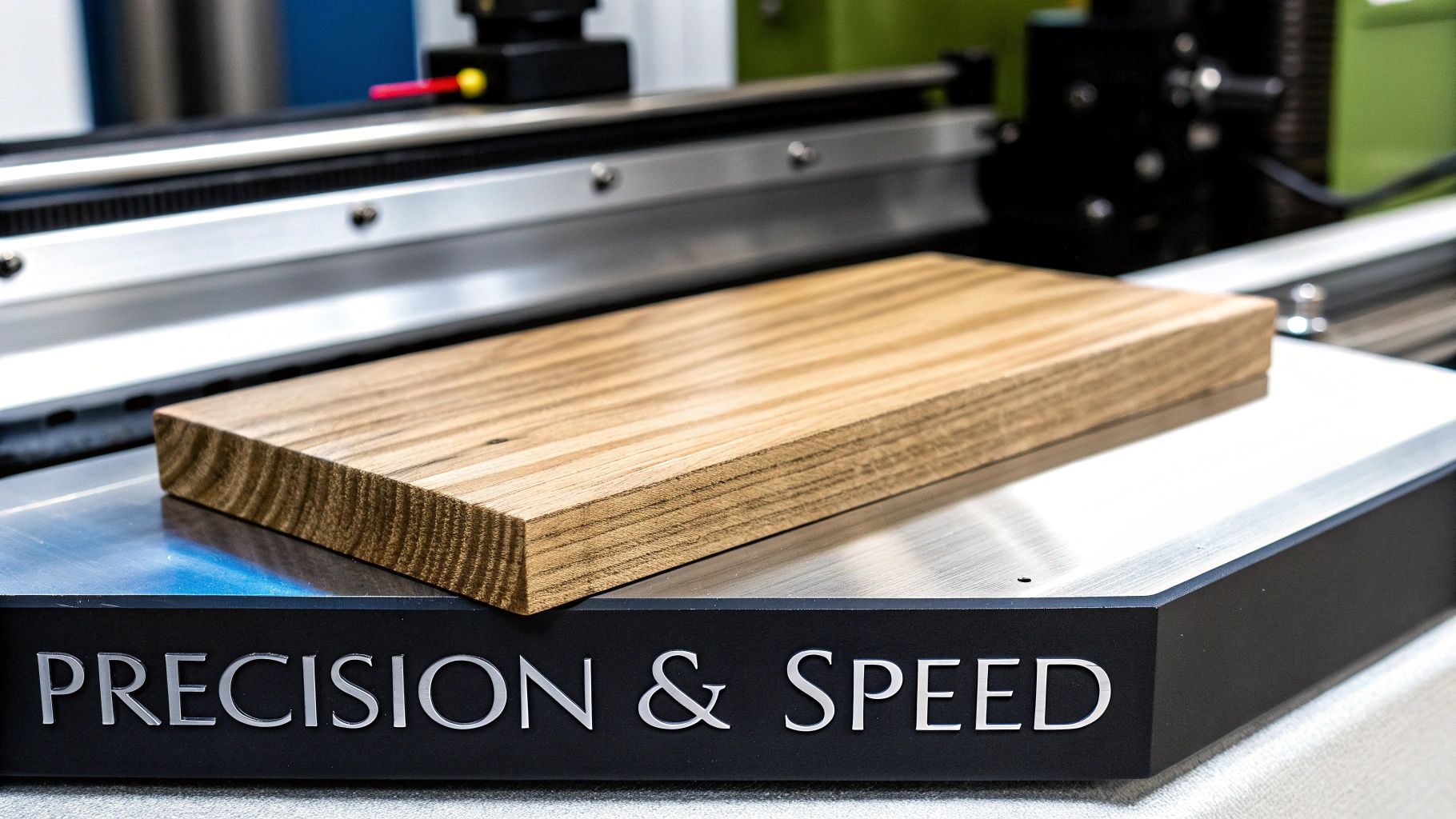 Wooden plank on laser etching machine demonstrating precision and speed for industrial applications.