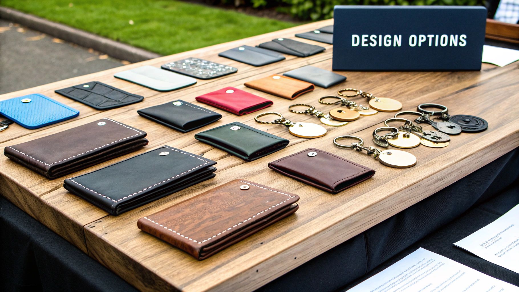 Custom leather wallets and keyrings displayed on a wooden table, featuring various colors and designs, with a sign reading "DESIGN OPTIONS" in the background.
