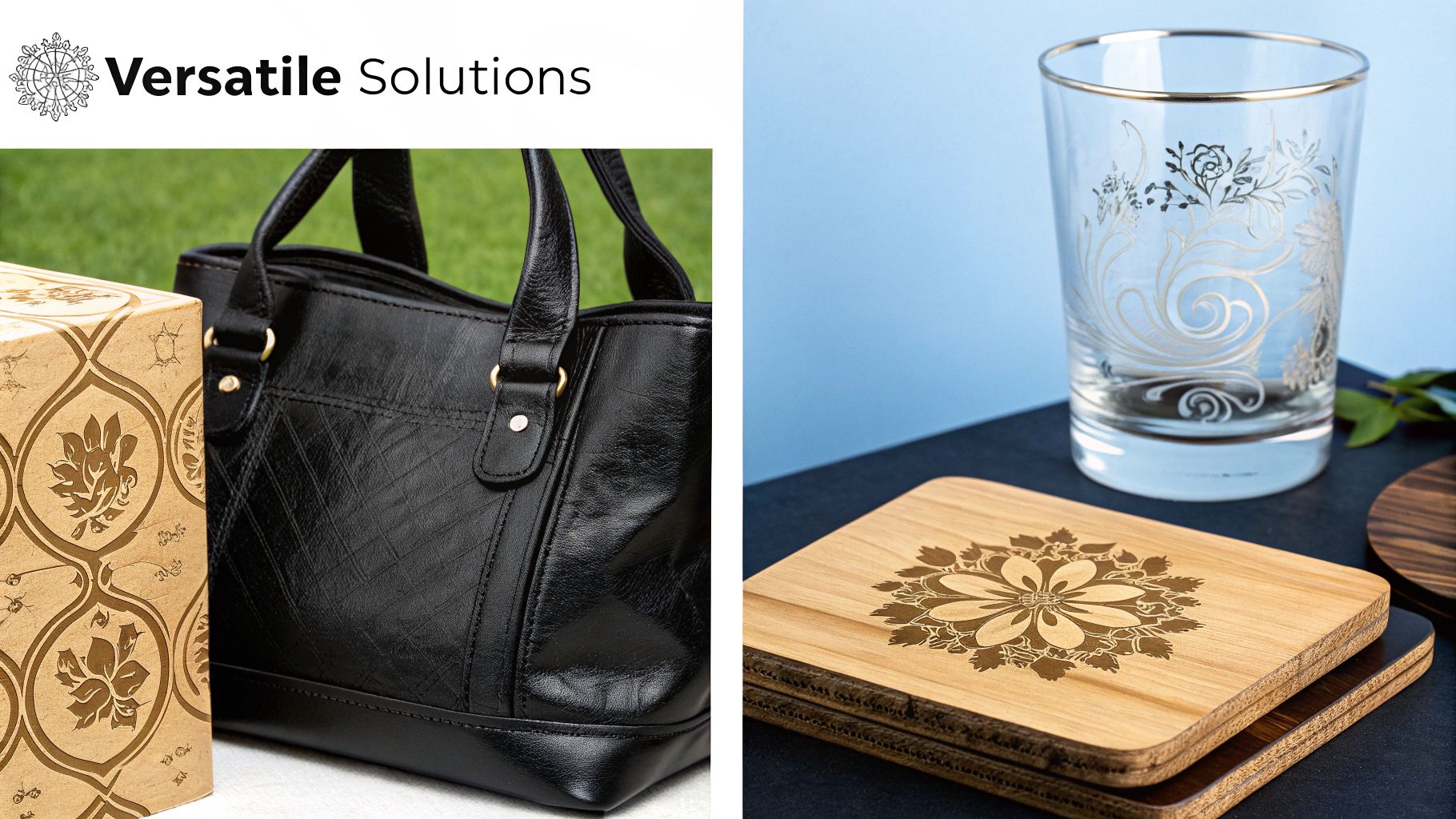 Versatile Solutions branding with engraved wooden coasters, a decorative glass, and a black leather handbag, showcasing high-quality laser etching applications.