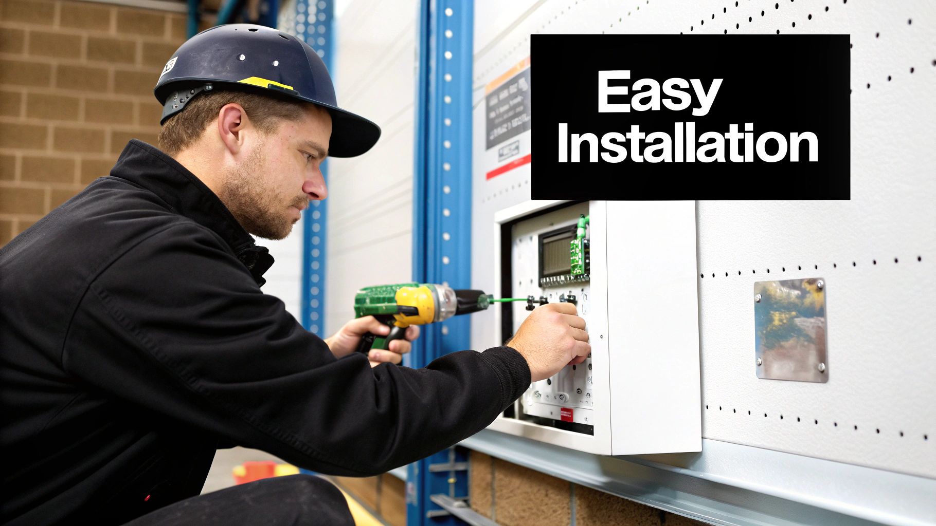 Worker installing electrical equipment with a power drill, demonstrating easy installation of traffolyte labels for compliance and durability in industrial settings.