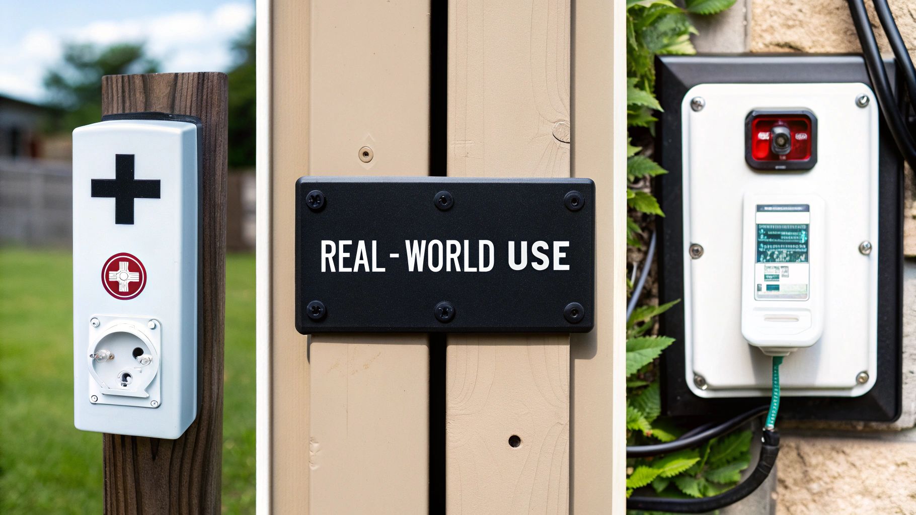 Three detailed images featuring outdoor utility installations and a 'REAL-WORLD USE' metal sign.