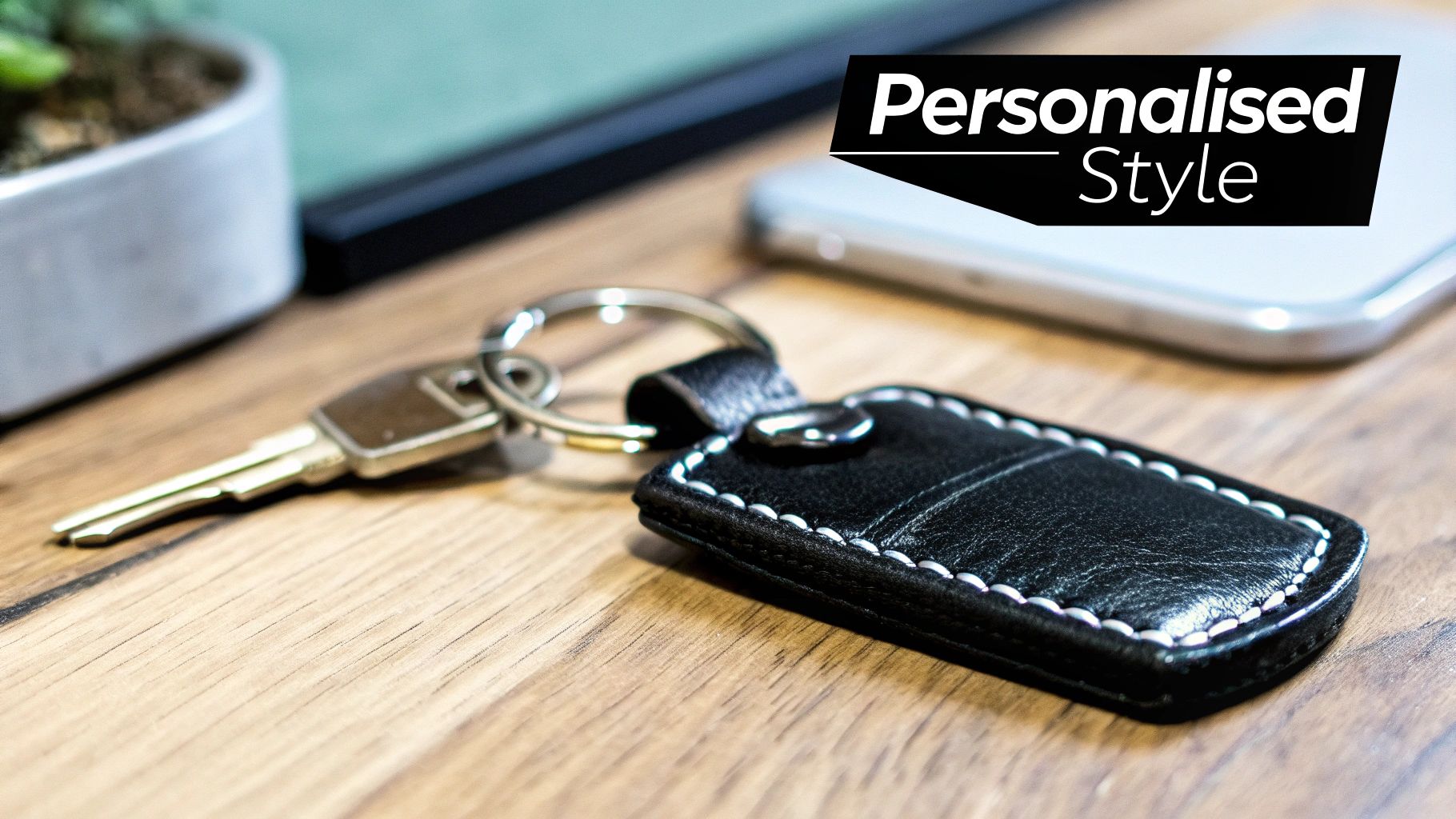 Personalised leather keyring with a key attached, showcasing quality craftsmanship and bespoke design, on a wooden surface with a smartphone in the background.