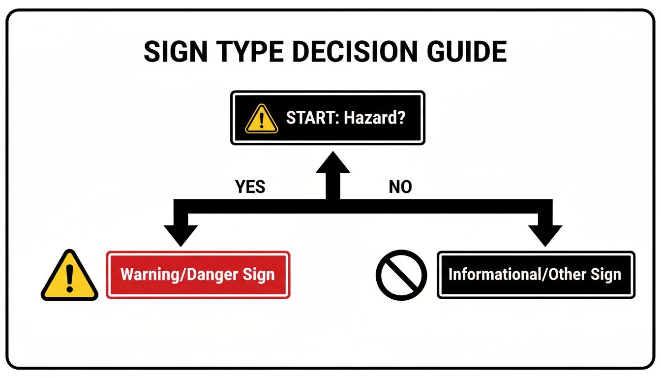 A decision guide flowchart for sign types, starting with 'Hazard?' leading to Warning/Danger or Informational signs.