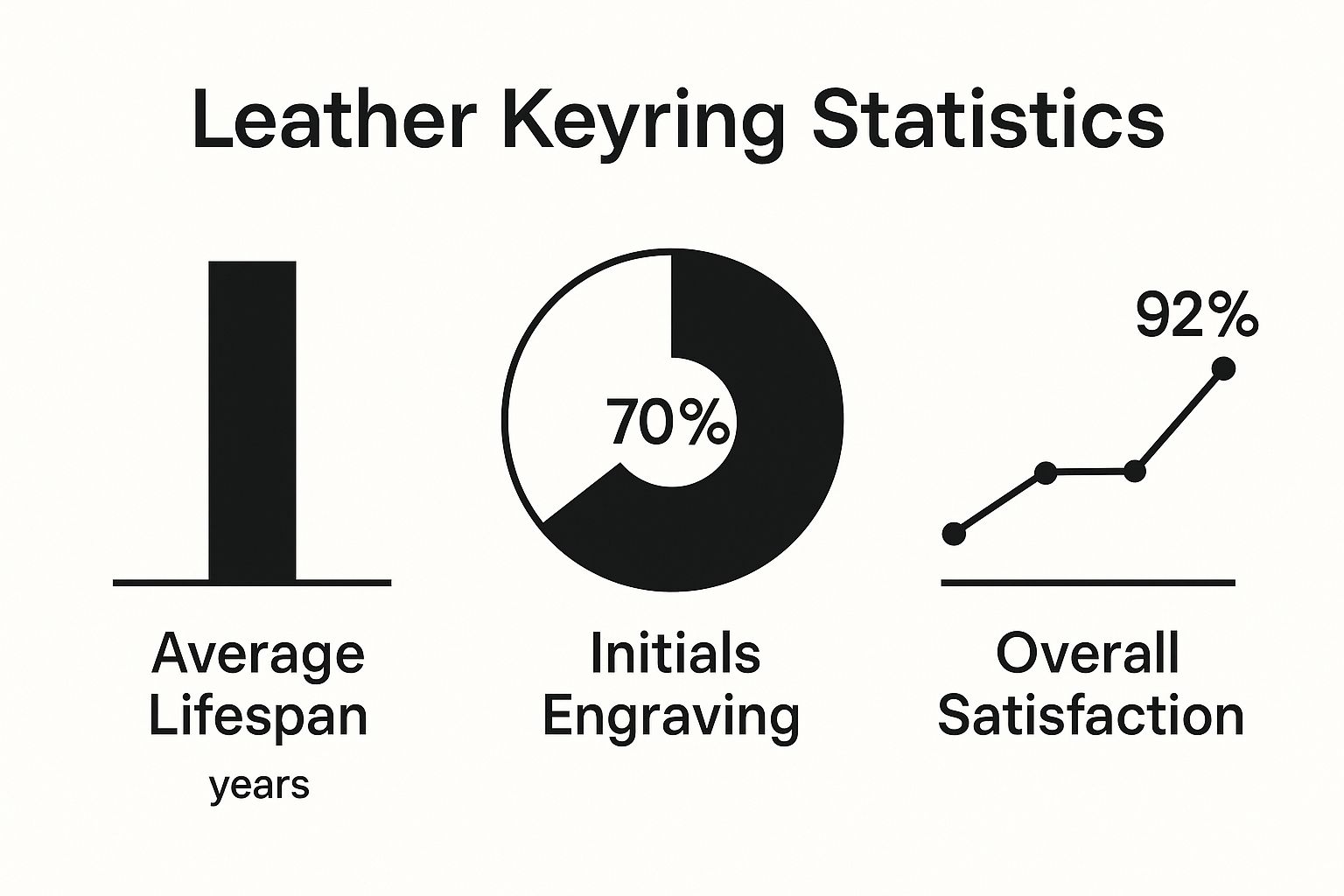 Leather keyring statistics infographic featuring average lifespan of 1 year, 70% of keyrings with initials engraving, and a 92% overall satisfaction rate.