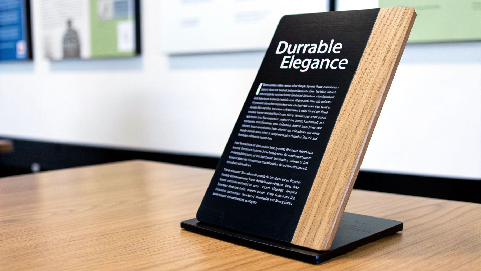 Laser-etched plaque titled "Durrable Elegance" displayed on a wooden table, showcasing detailed text and high-contrast finish, illustrating precision and quality of Trotec laser technology for awards and memorials.