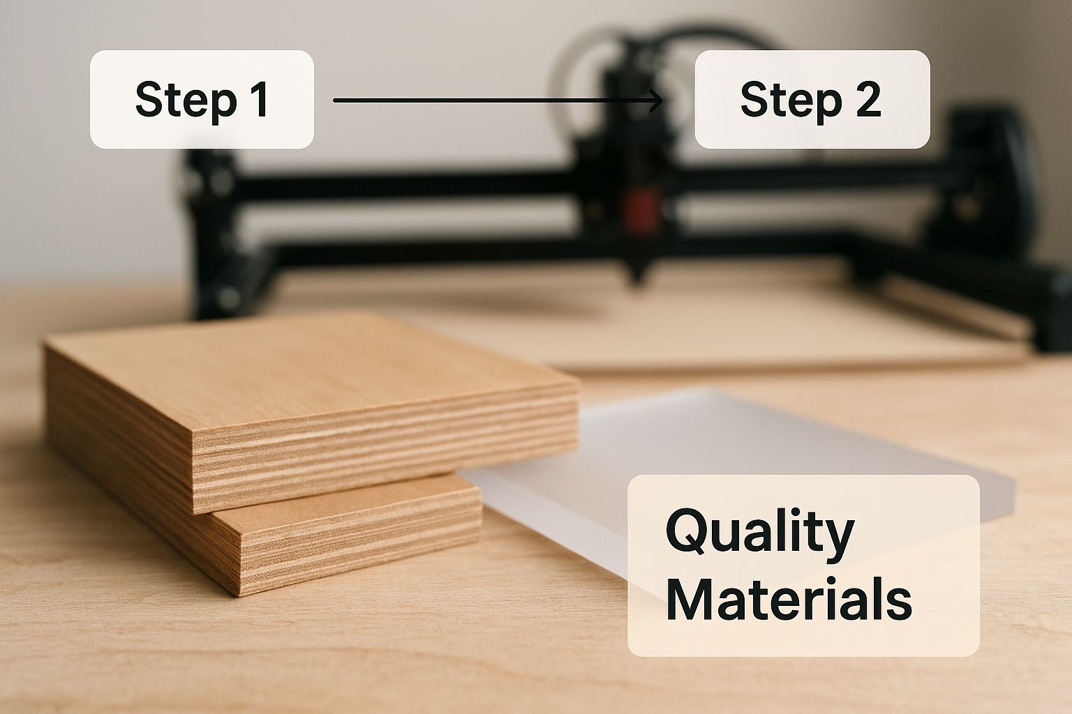 Wooden plaques and acrylic sheet labeled "Step 1" and "Step 2," highlighting quality materials for laser etching process with Trotec Laser machine in background.