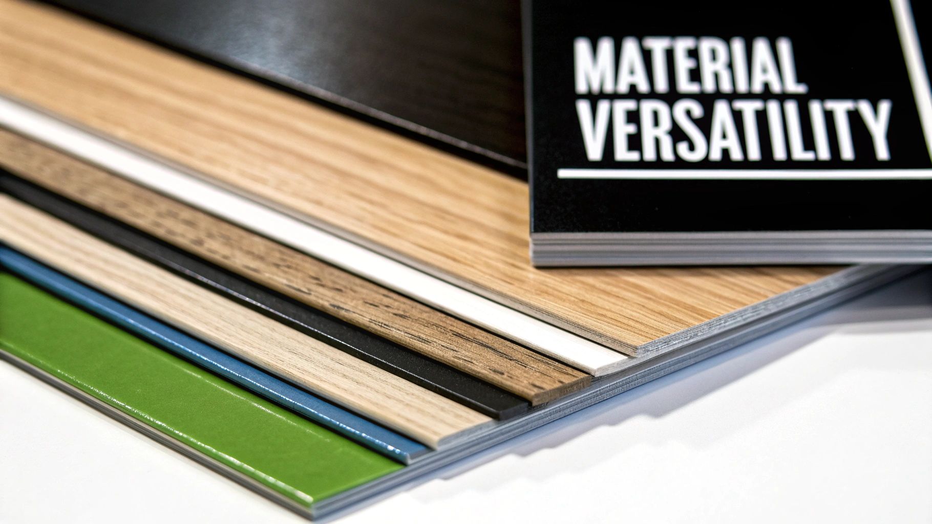 Assorted materials showcasing versatility for laser engraving, including wood, acrylic, and metal samples, with a focus on a booklet labeled "Material Versatility."