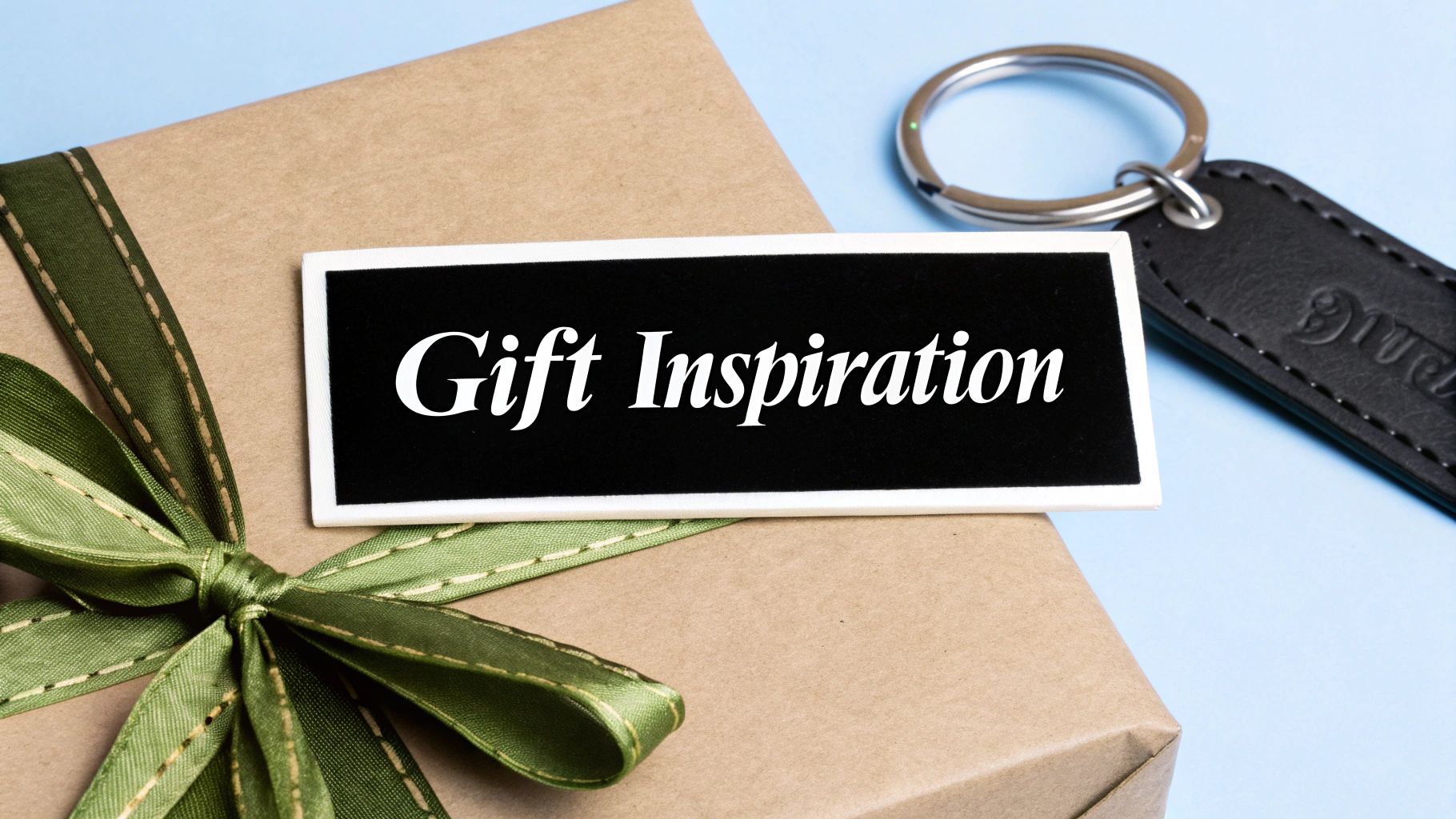 Gift inspiration tag on a wrapped gift box with green ribbon and a personalized leather key ring, emphasizing customizable leather accessories for special occasions.