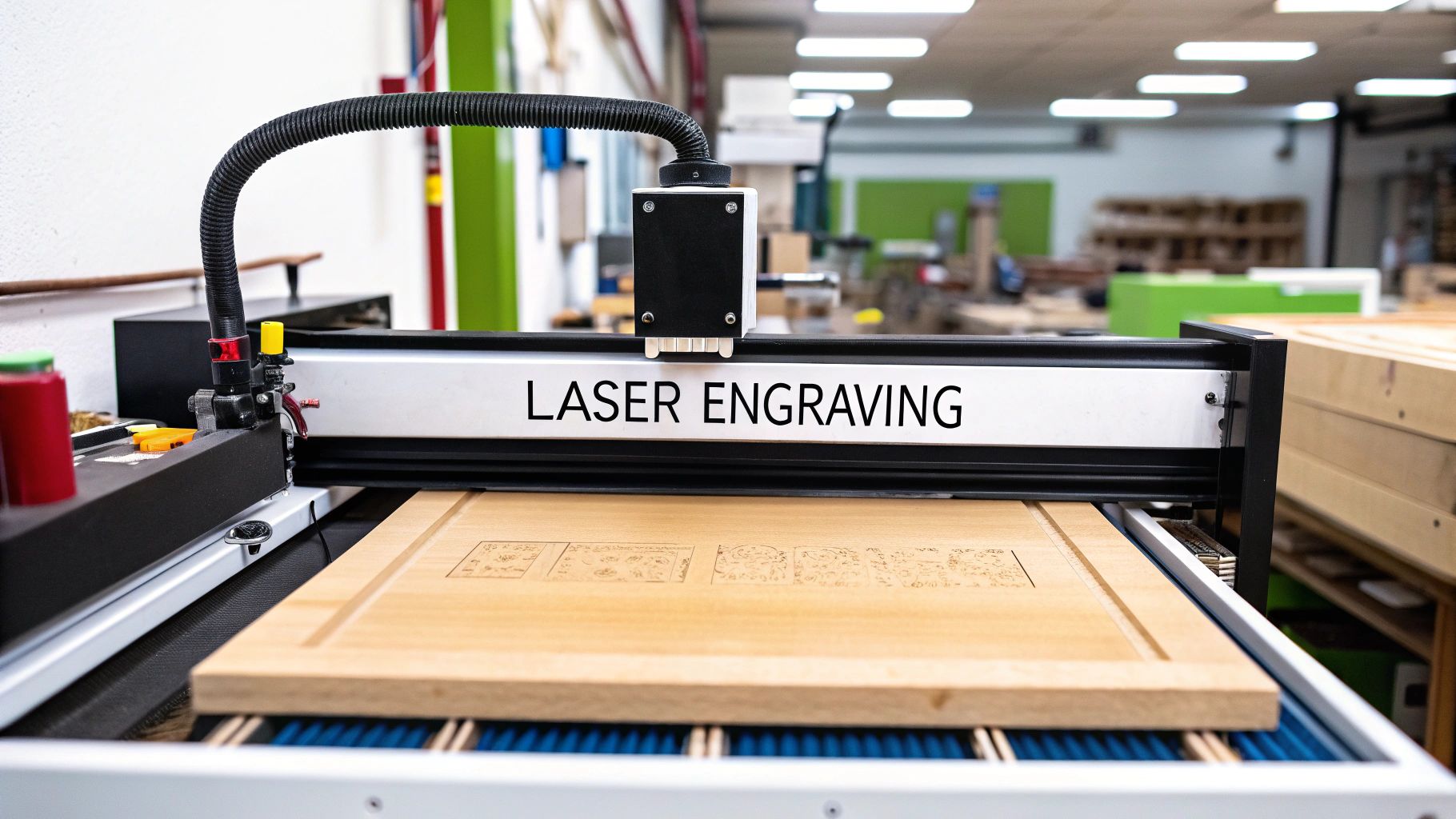Laser engraving machine in operation, showcasing precision engraving on wood with visible design, highlighting advanced technology used by Evright Industrial for custom products.