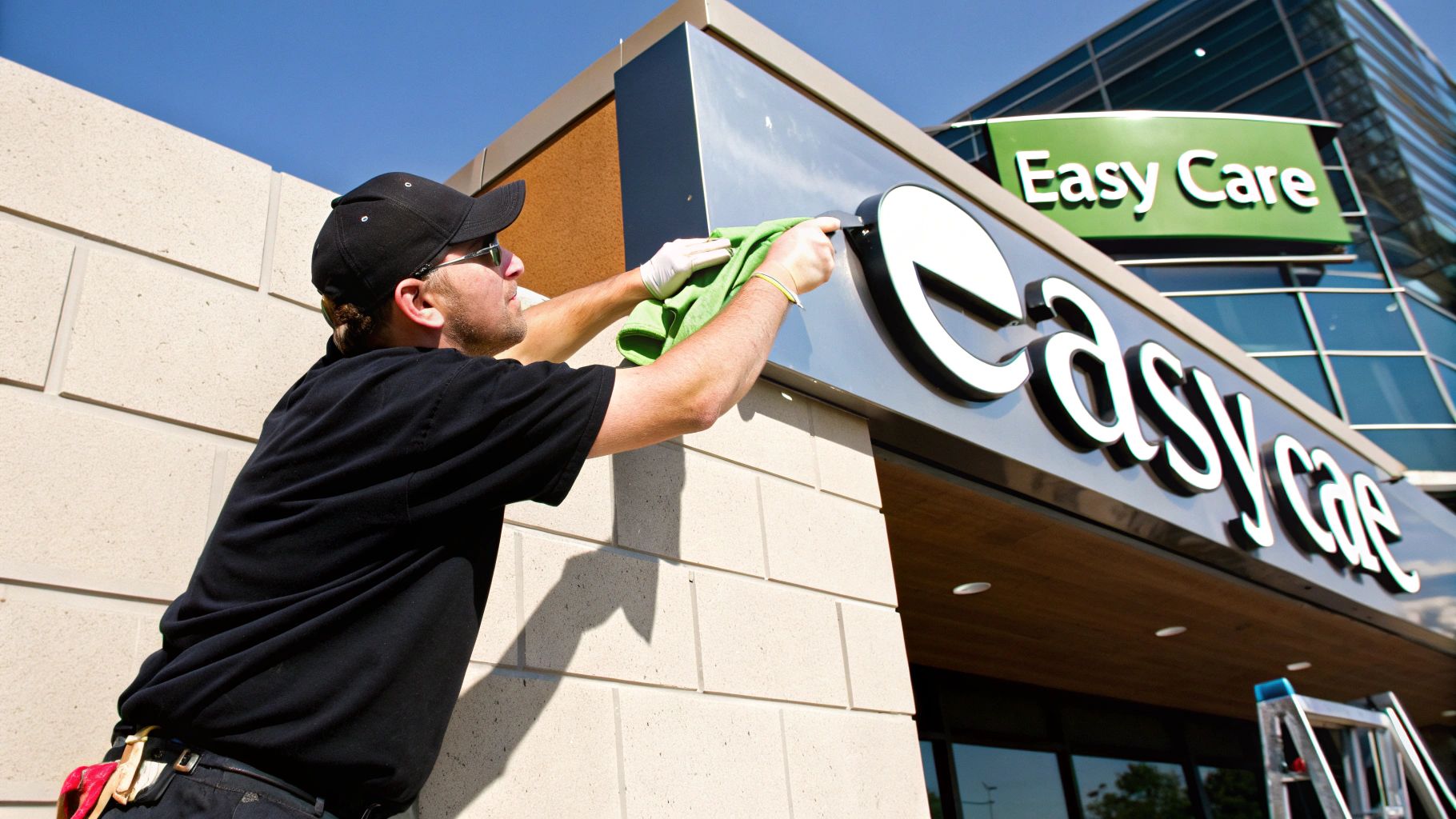 Worker cleaning stainless steel signage on a commercial building, emphasizing maintenance for durable stainless steel signs.