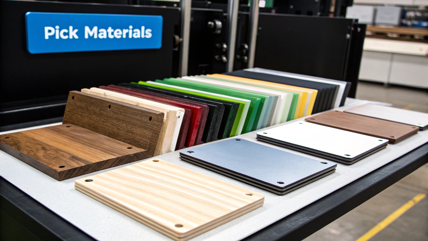 Selection of various materials for custom laser engraving, including wood and colored acrylic sheets, with a "Pick Materials" sign in an industrial setting.