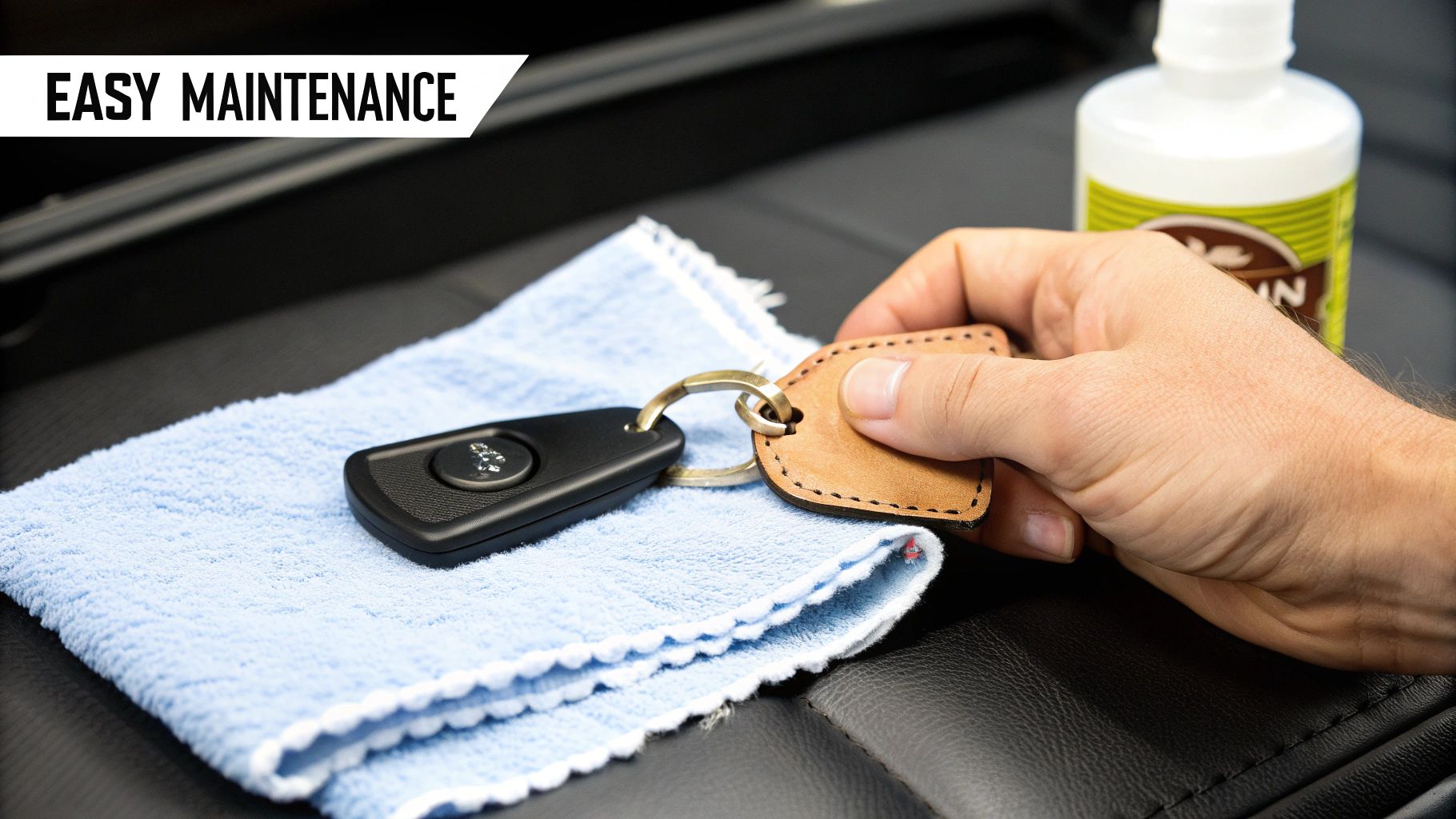 Hand holding a personalized leather keyring on a blue microfiber cloth, with a bottle of leather conditioner in the background, highlighting easy maintenance for leather products.