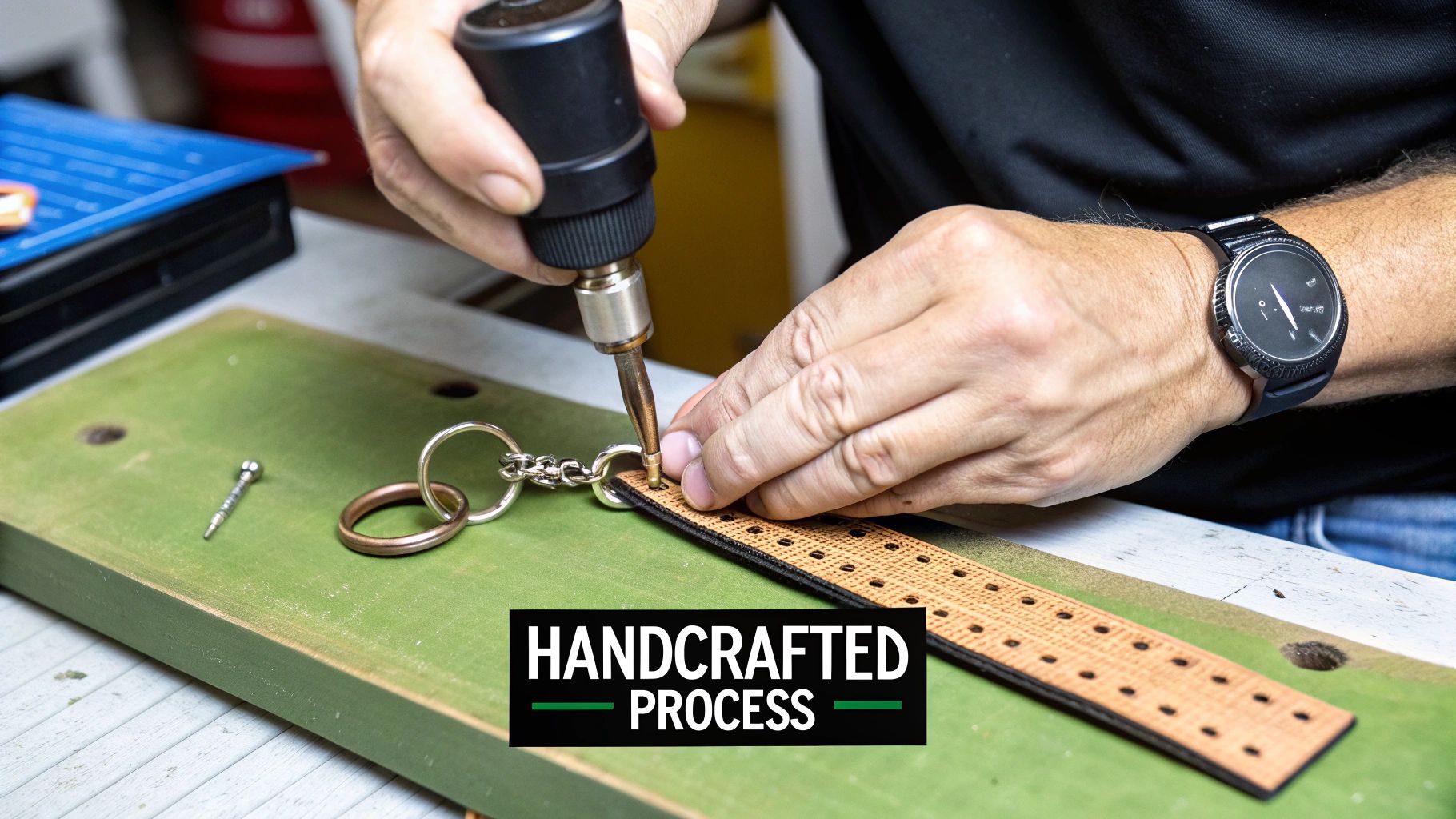Person using a tool to attach a keyring to a handcrafted leather keychain, showcasing the meticulous craftsmanship and personalized process of creating custom leather products.