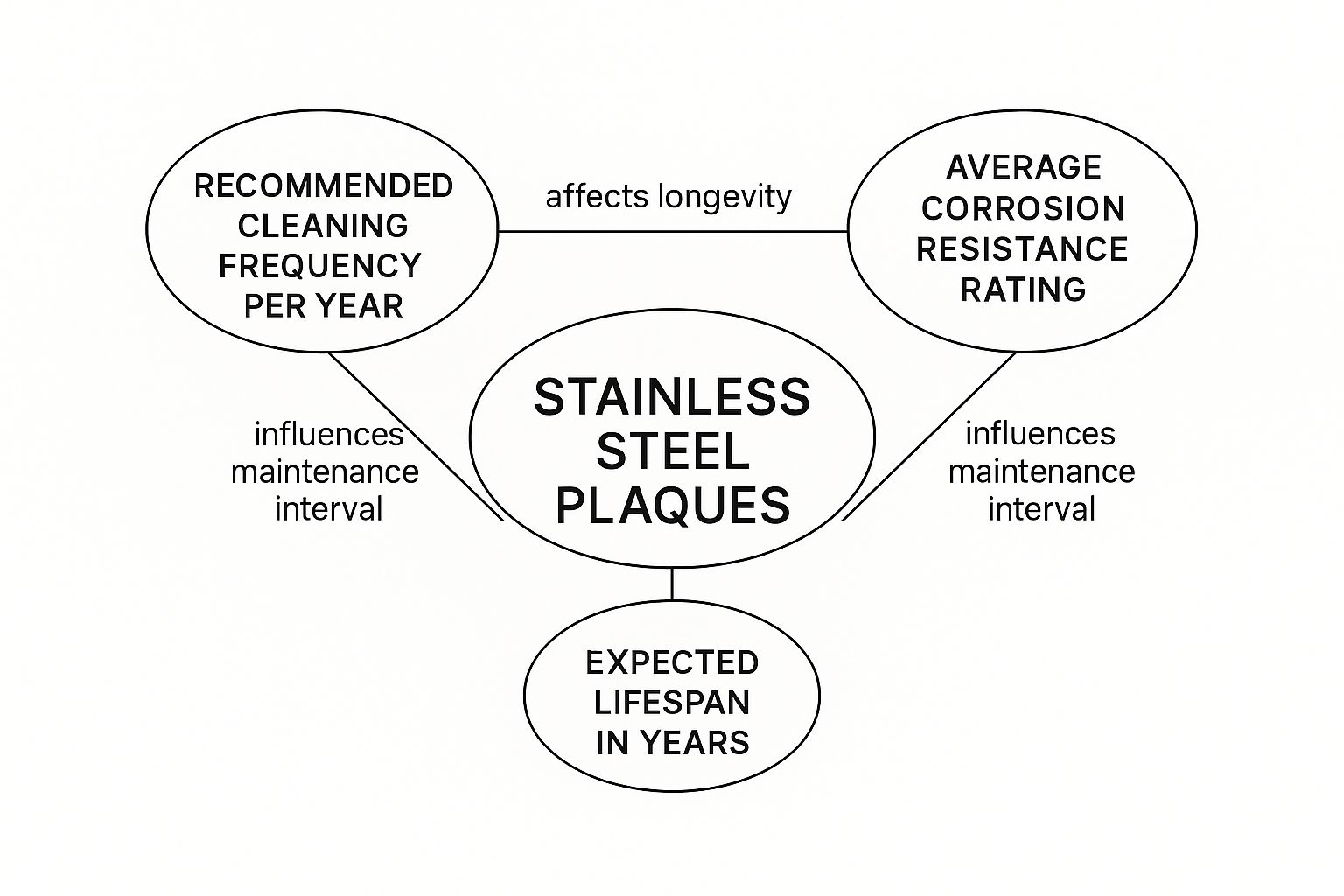 Diagram illustrating key factors influencing the longevity and maintenance of stainless steel plaques, including recommended cleaning frequency, average corrosion resistance rating, and expected lifespan in years.
