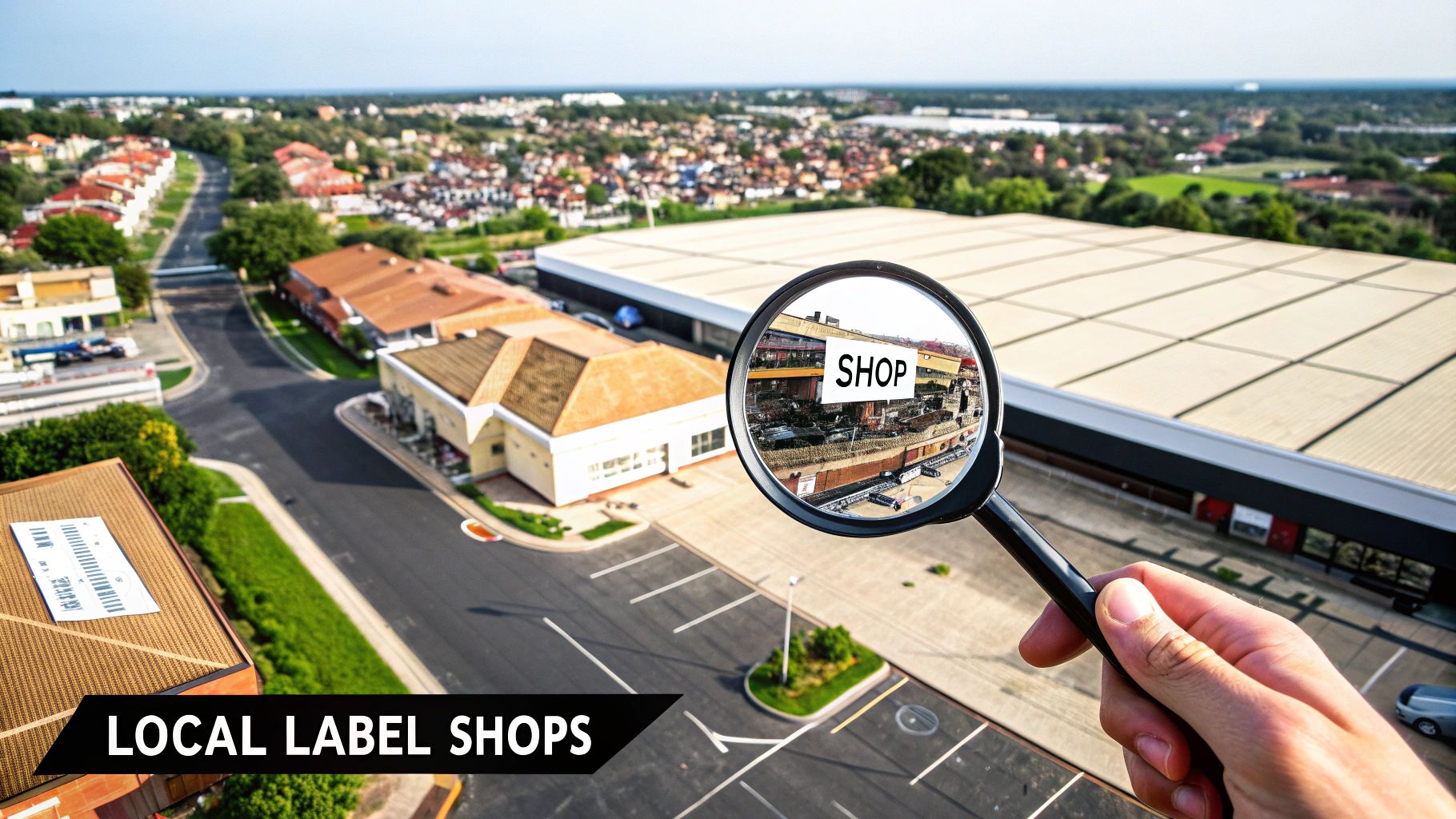 Hand holding a magnifying glass reflecting a shop sign, overlooking local label shops in an Australian industrial area, emphasizing the search for traffolyte label suppliers.