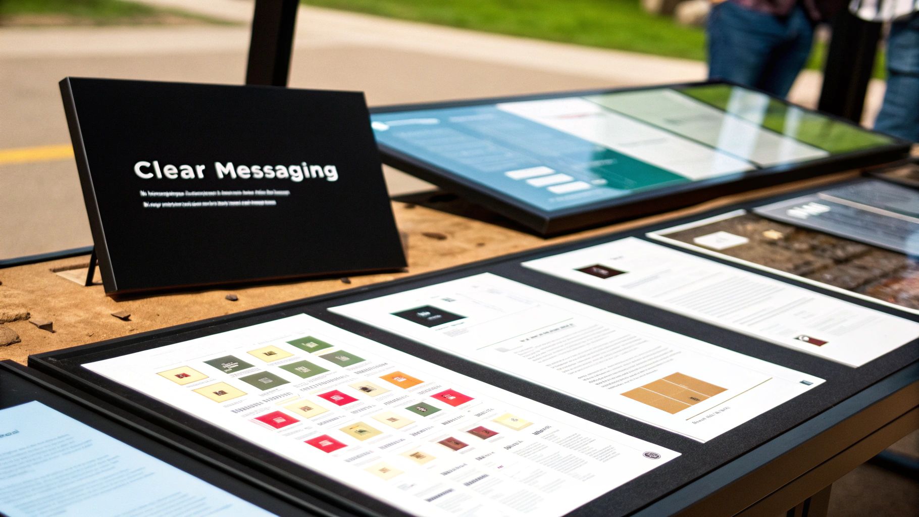 Clear Messaging sign on display table showcasing design principles for effective signage, with visual examples and informational sheets aimed at enhancing customer engagement and sales strategies.