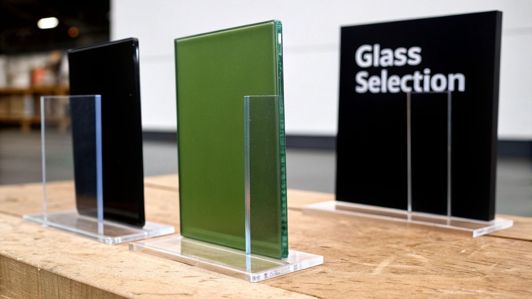 Three glass displays featuring black and green glass samples, and a 'Glass Selection' sign.