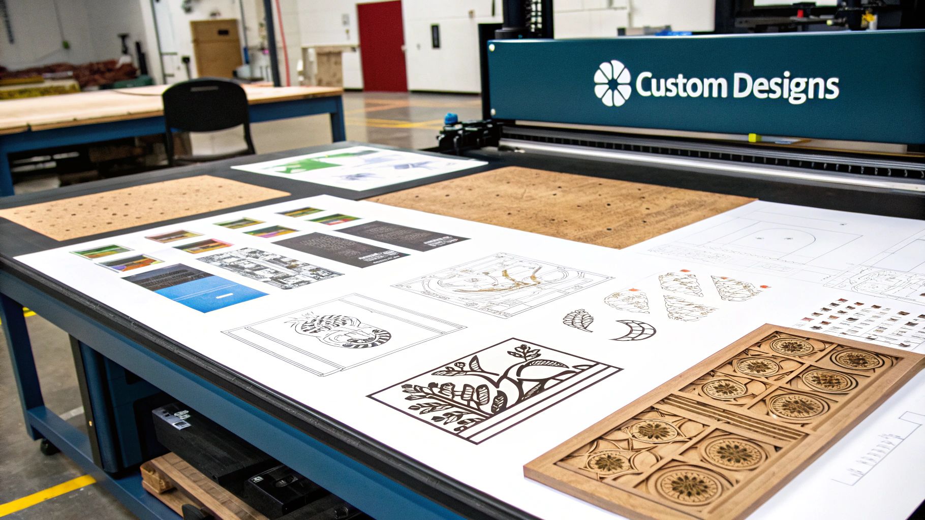 Laser engraving design samples on a worktable, showcasing various intricate patterns and materials, with a Trotec laser engraving machine in the background labeled "Custom Designs."
