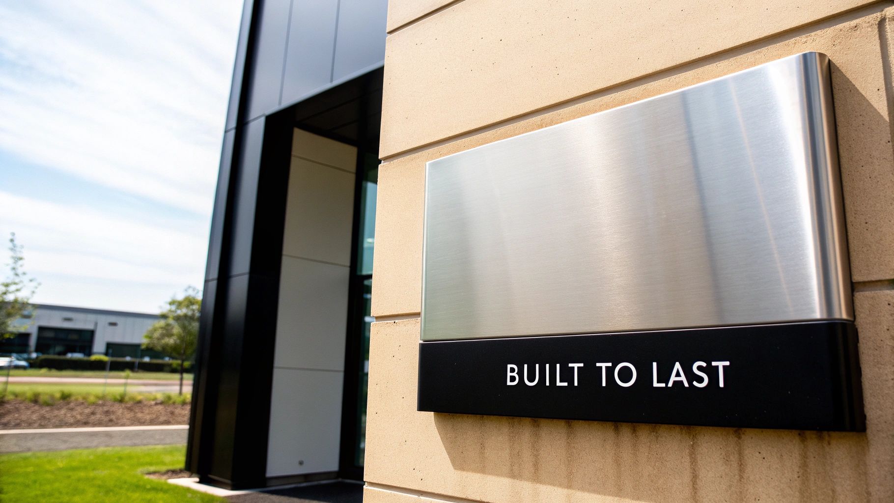 Stainless steel sign reading "BUILT TO LAST" mounted on a modern building, showcasing durability and quality in signage.