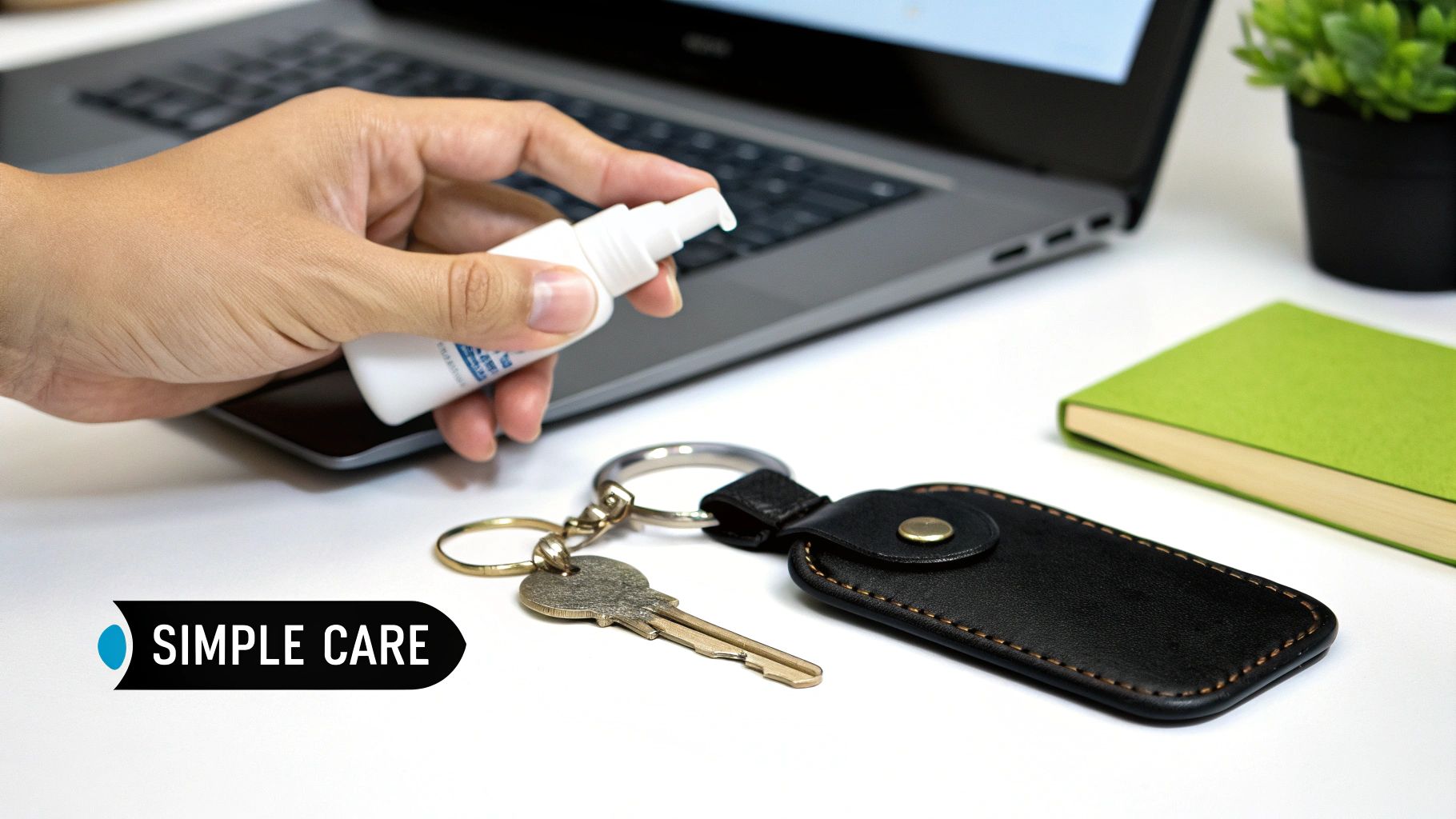 Hand holding a spray bottle for cleaning a custom leather keychain, with a key and a laptop in the background, emphasizing simple care for leather accessories.