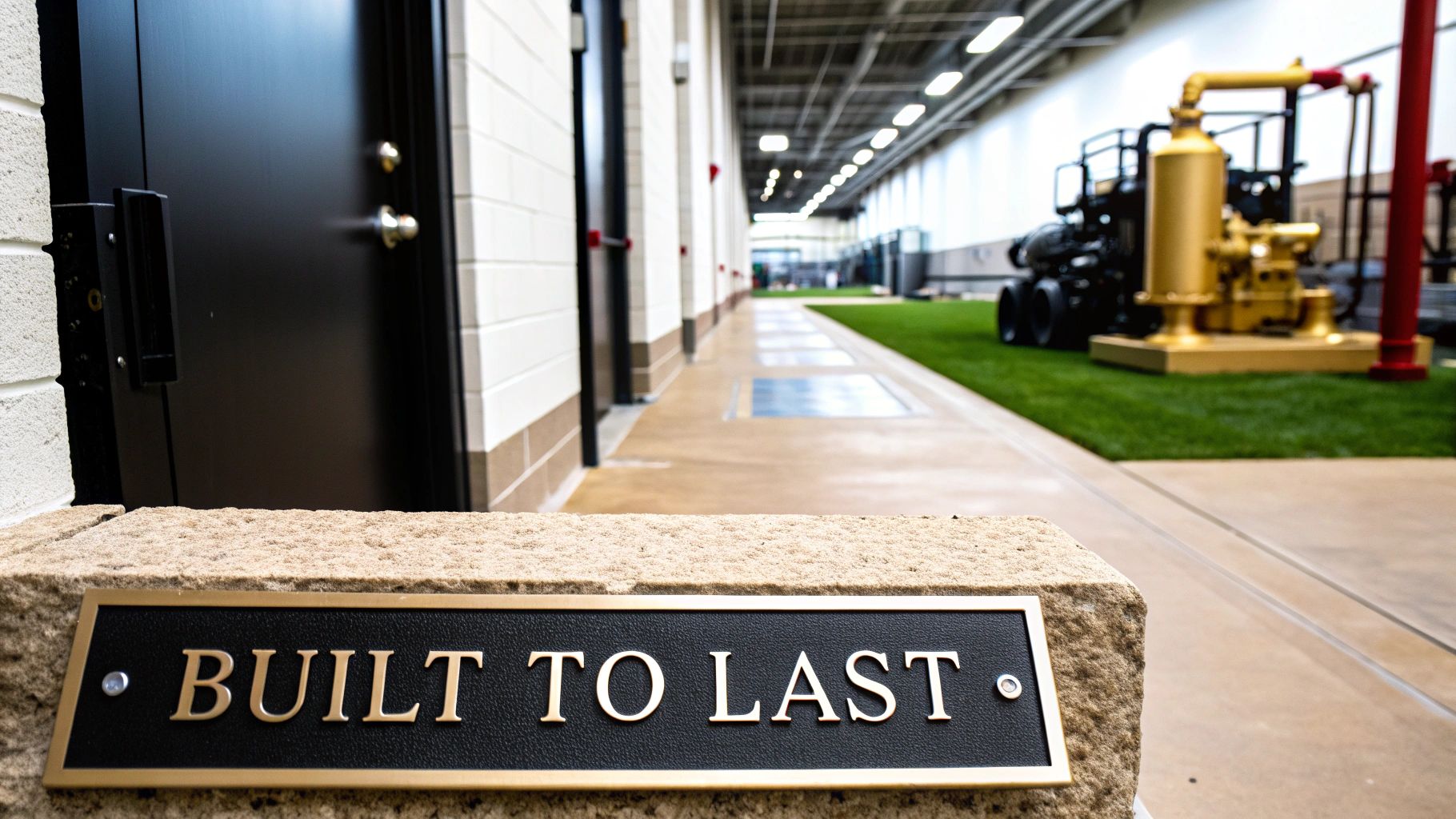 A 'Built to Last' plaque on a stone pillar, foregrounding a modern industrial hallway with equipment.