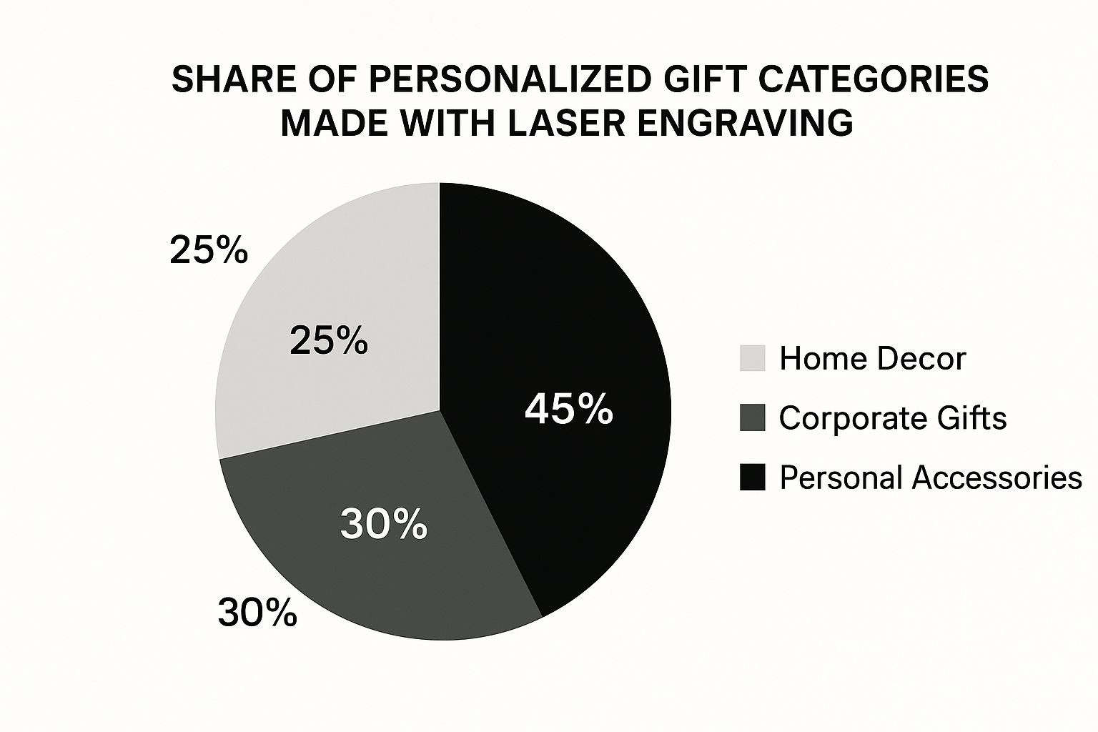 Pie chart illustrating the share of personalized gift categories made with laser engraving, highlighting 45% for home decor, 30% for corporate gifts, and 25% for personal accessories.