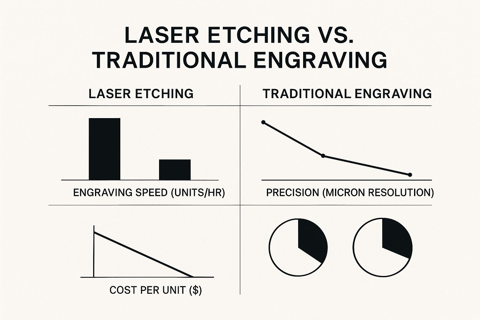 Laser etching vs. traditional engraving comparison chart showing differences in engraving speed, precision, and cost per unit, highlighting efficiency and quality of laser etching for plaques.