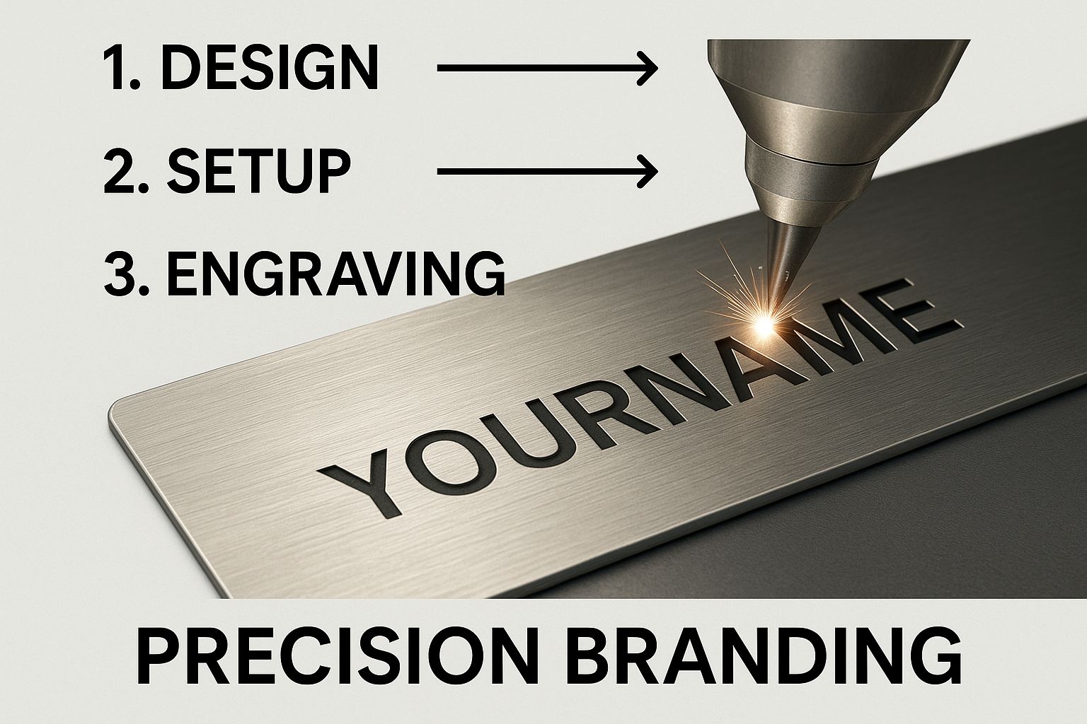 Laser engraving process with a focused beam creating a design on a metal plate, featuring the text "YOURNAME" and steps labeled as "1. DESIGN," "2. SETUP," and "3. ENGRAVING," emphasizing precision branding.