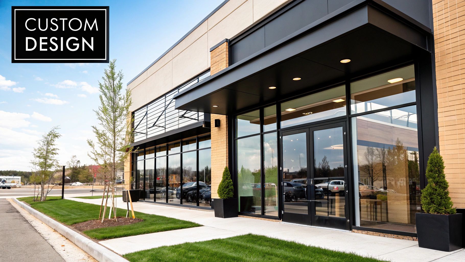Modern commercial building exterior with large glass windows and "CUSTOM DESIGN" sign, featuring landscaped green grass and trees, emphasizing quality and aesthetic appeal for signage solutions.