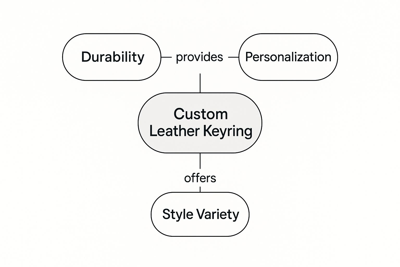 Custom leather keyring diagram illustrating durability, personalization, and style variety.
