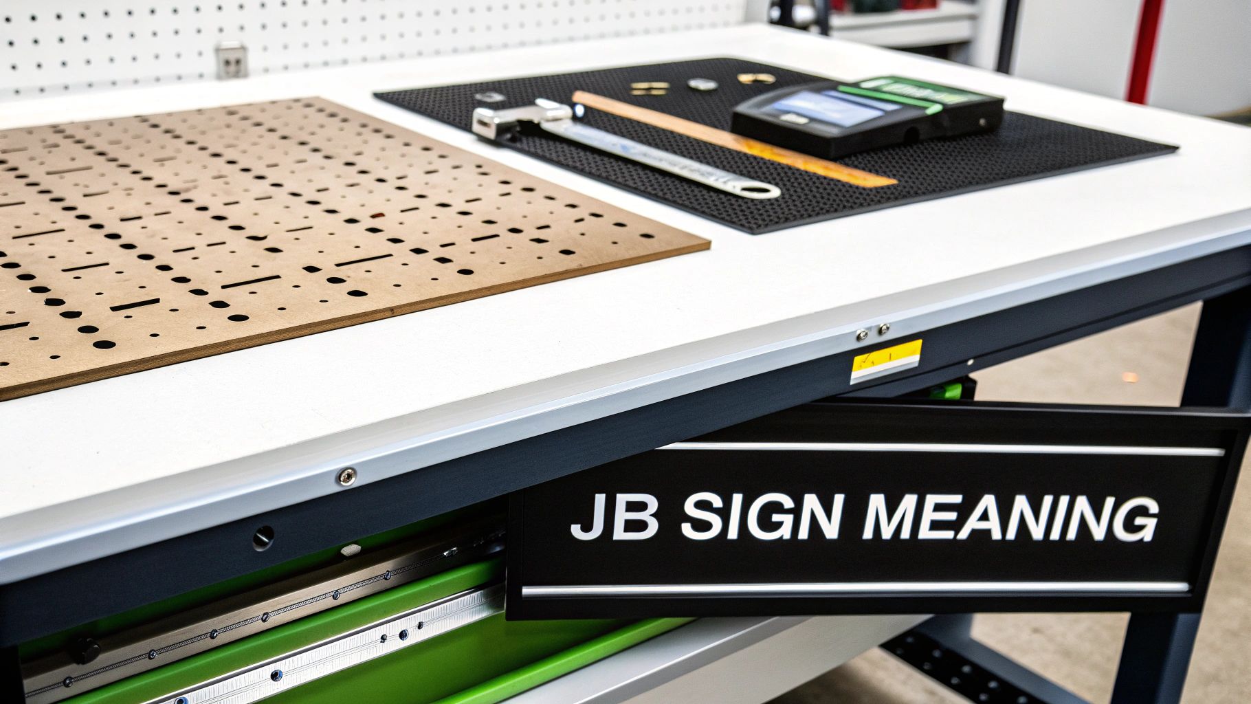 A clean white workbench features a perforated wooden board, tools on a black mat, and a 'JB SIGN MEANING' sign.
