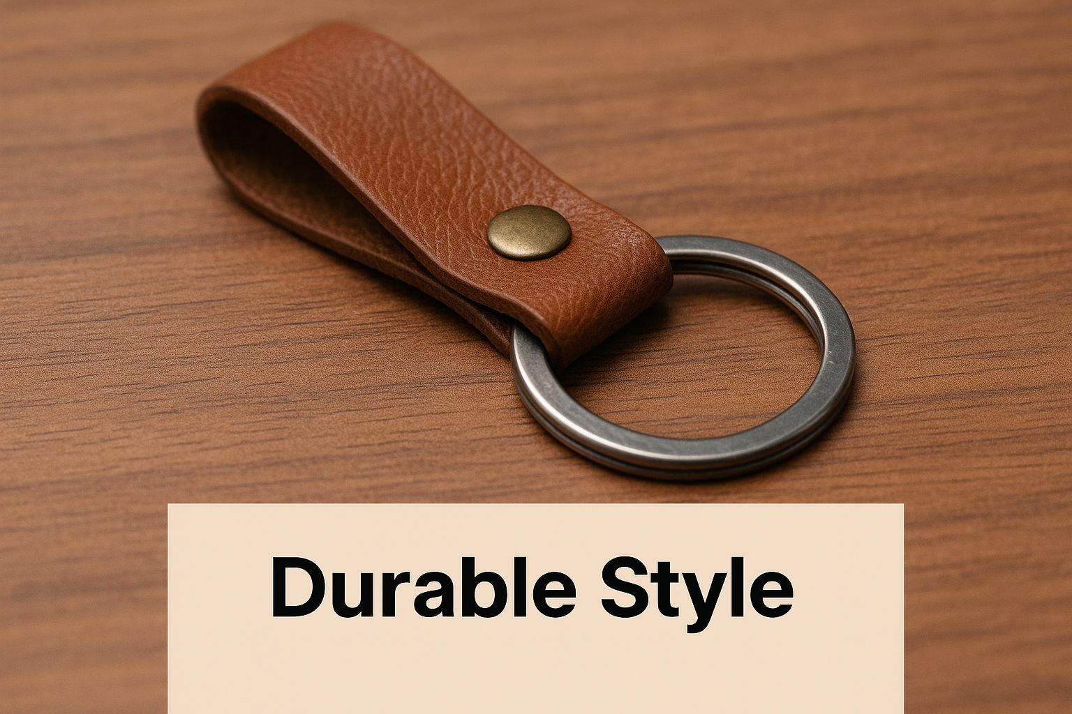 Leather keychain with a polished metal ring and a brown top-grain leather strap, emphasizing durability and minimalist style.