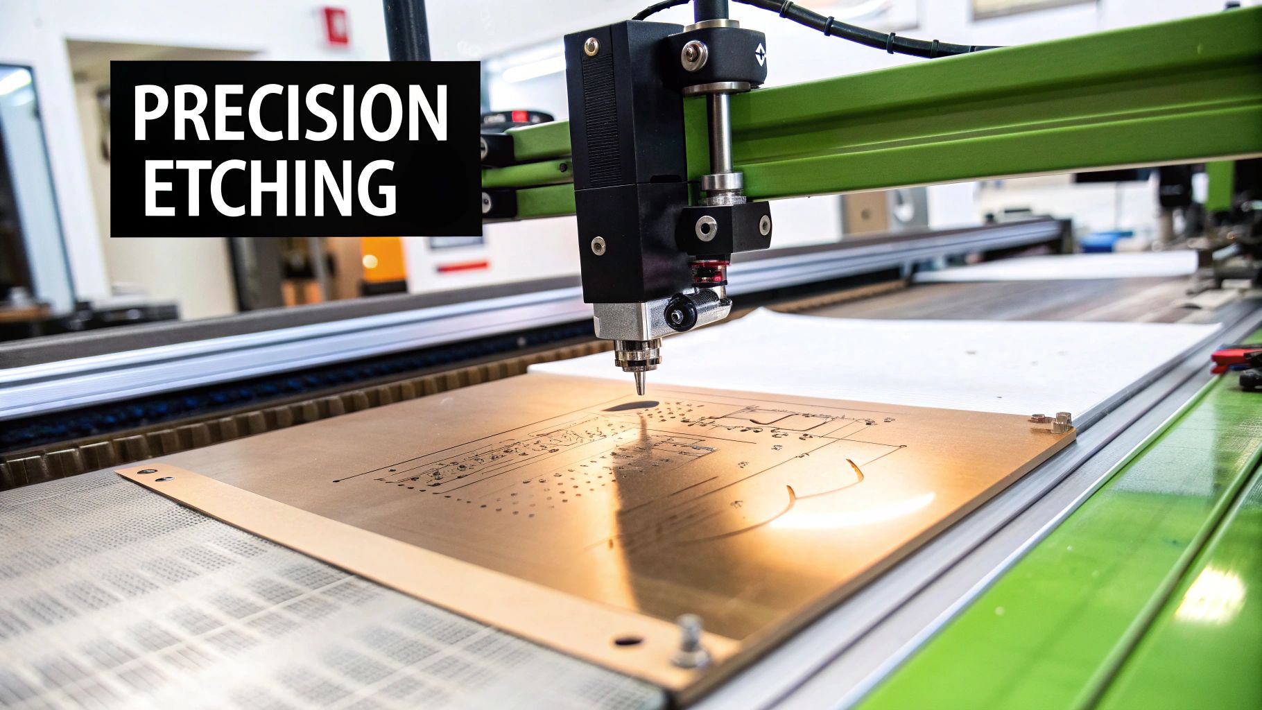 Laser engraving machine in action, etching precision designs onto a metal plaque, showcasing the technology used for creating high-quality, durable plaques at Evright.com.