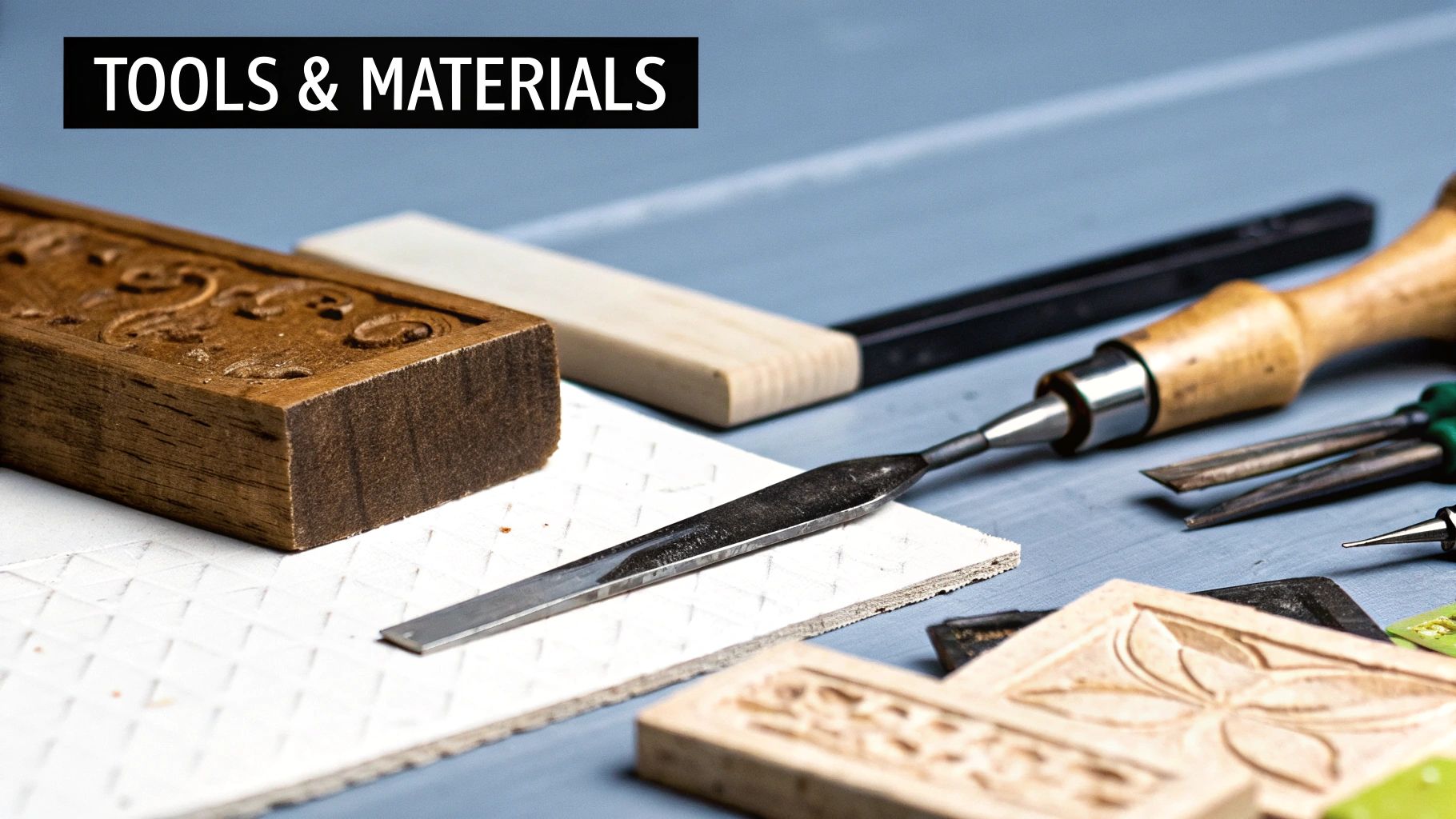 Wood engraving tools and materials, including a carved wooden block, chisels, and a textured paper surface, emphasizing craftsmanship in custom wood engraving projects.