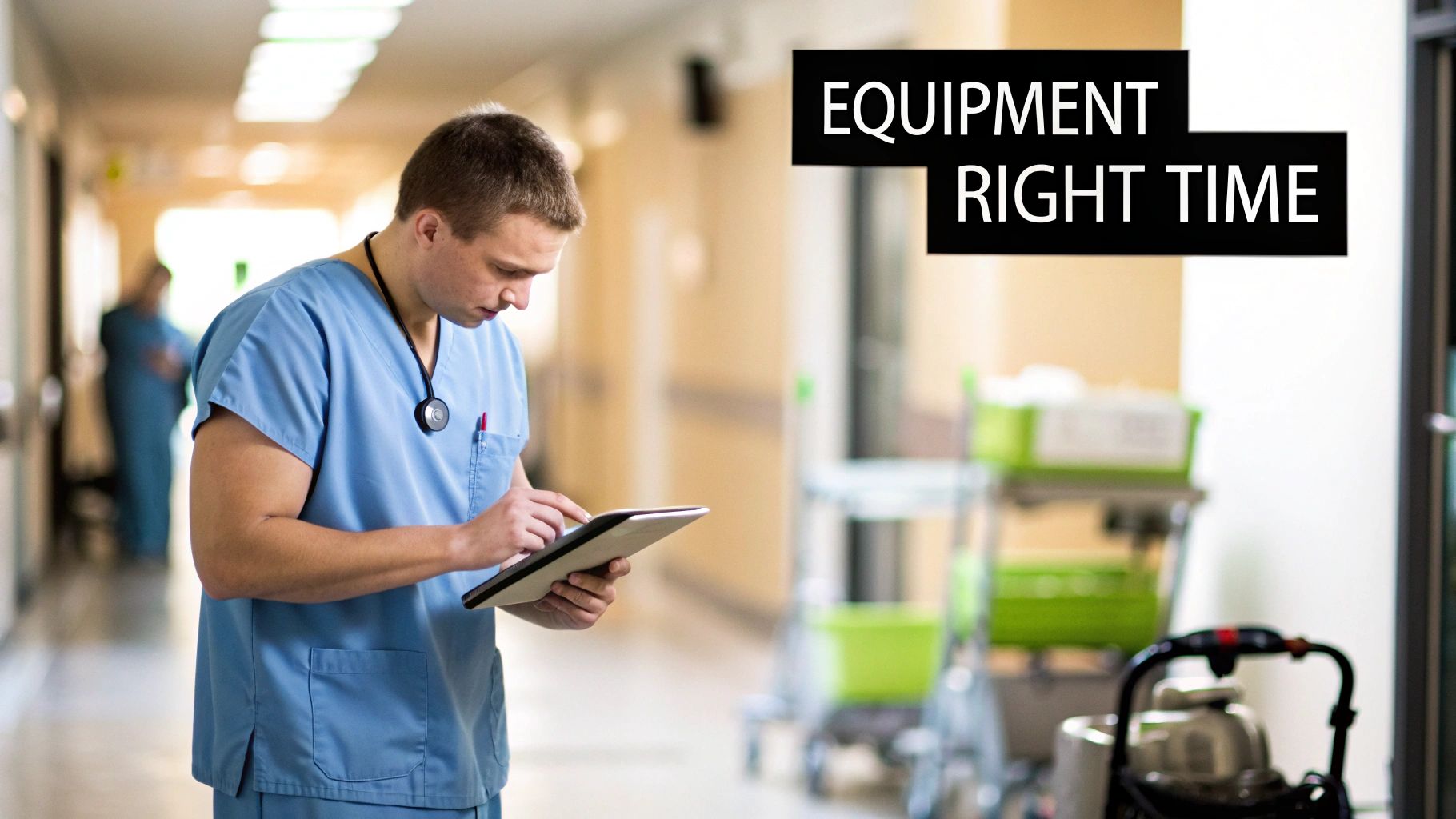 A male healthcare worker in blue scrubs uses a tablet in a hospital hallway with medical equipment.