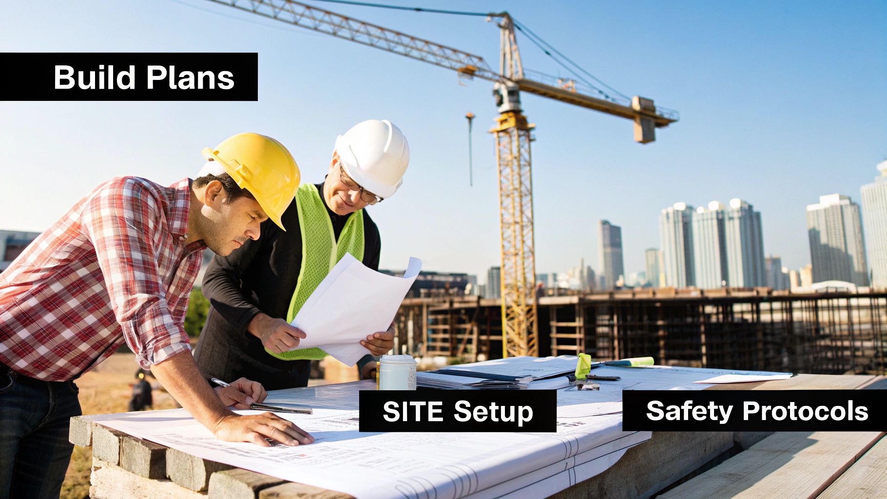 Construction Project Proposal outlining project phases, budget, and timeline on a clipboard with building plans in the background.