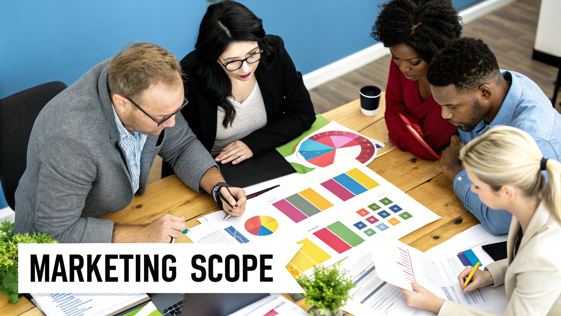 An SOW document for a digital marketing campaign being reviewed on a laptop, with charts and graphs in the background.