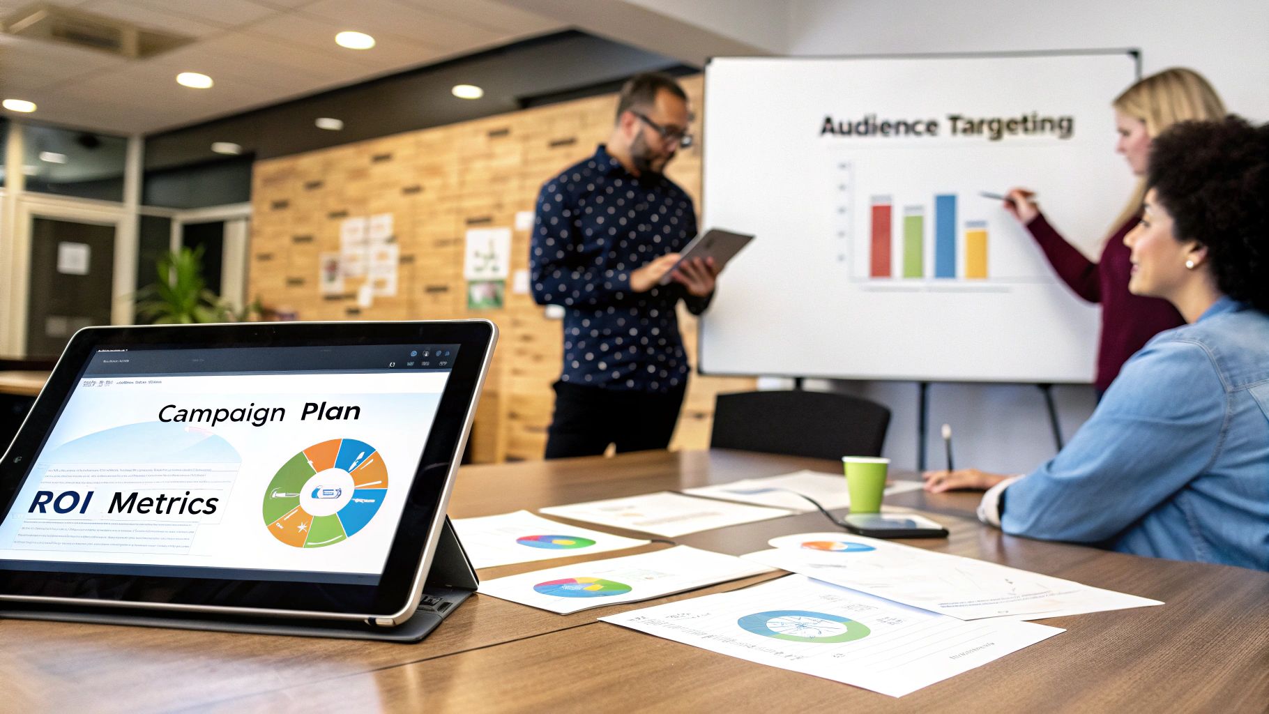 A person presenting a marketing campaign proposal on a screen, showing charts and graphs to a team.
