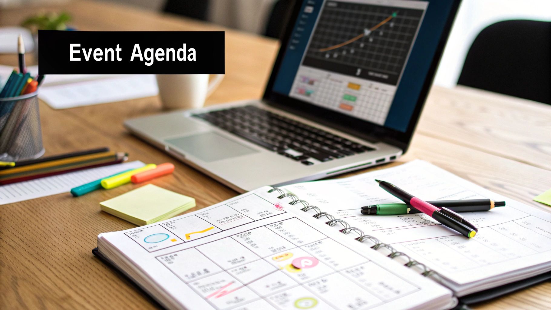 Event Planning Scope of Work showing a clipboard with a checklist for a corporate event, including items like venue, catering, and speakers.