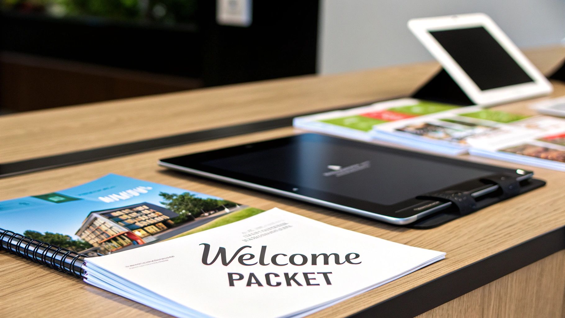 A digital welcome packet displayed on a laptop, showing sections for contact info, timelines, and FAQs.