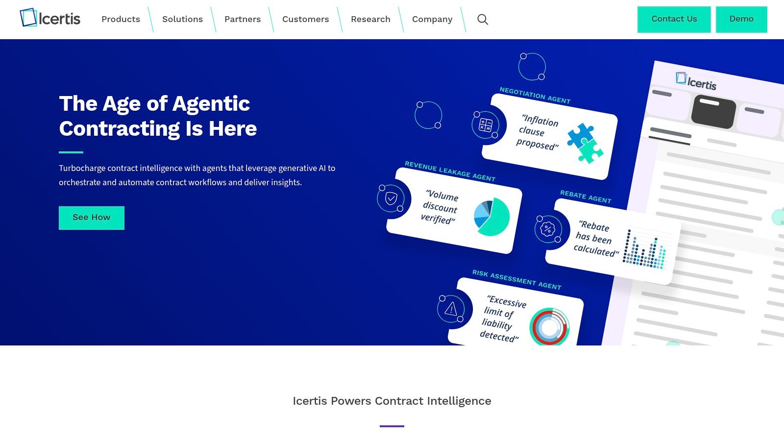 Icertis dashboard showing contract analytics and insights.