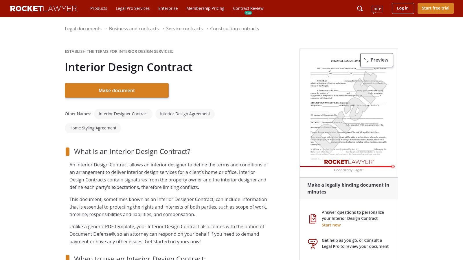 Rocket Lawyer – Interior Design Contract (Document Builder)