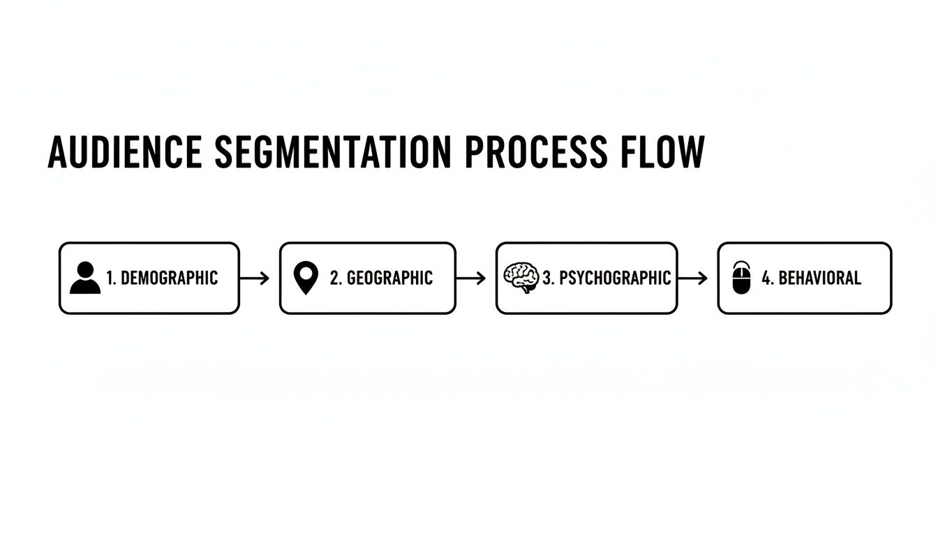 A clear flow chart illustrating the four steps of audience segmentation: demographic, geographic, psychographic, and behavioral.