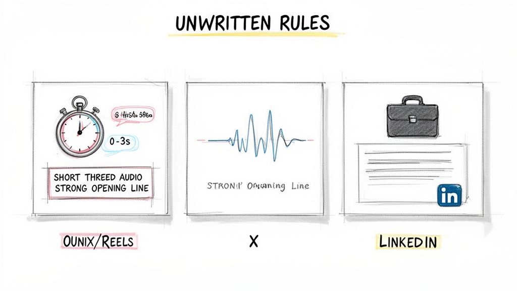 Infographic on unwritten rules for creating short video content on Reels and professional posts on LinkedIn.