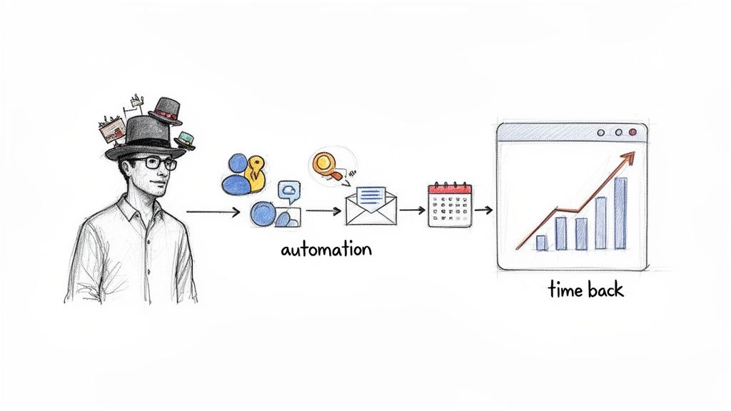 A diagram illustrating how automation helps a busy person manage tasks, leading to efficiency and time back.