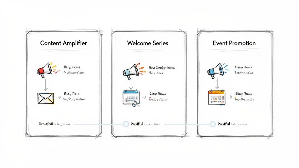 Three marketing automation workflows: Content Amplifier, Welcome Series, and Event Promotion, with Postful integration.